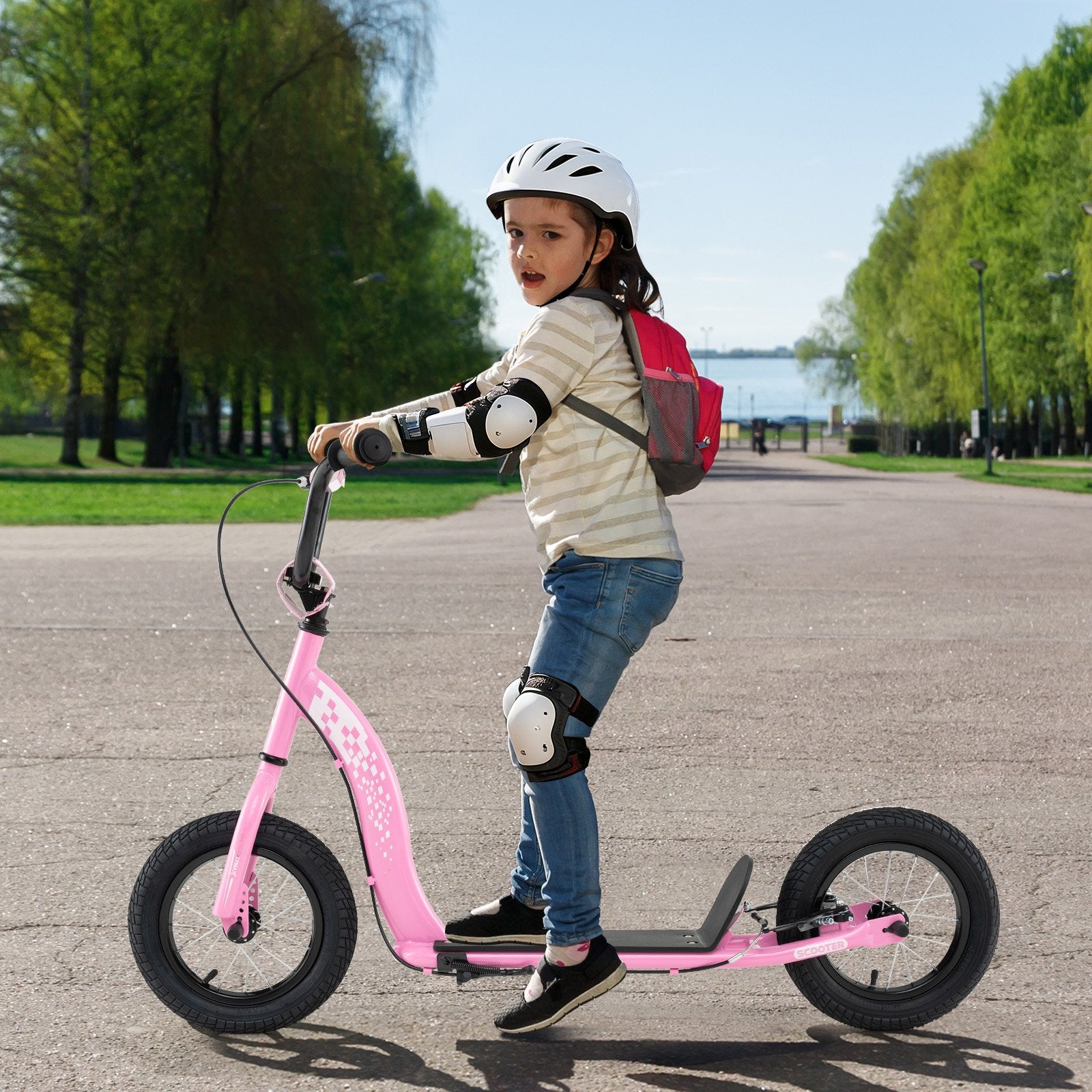 Kids Scooter Youth Kick Scooter with Adjustable Height Handlebar 12-Inch Inflatable Wheels, Pink Scooters at Gallery Canada