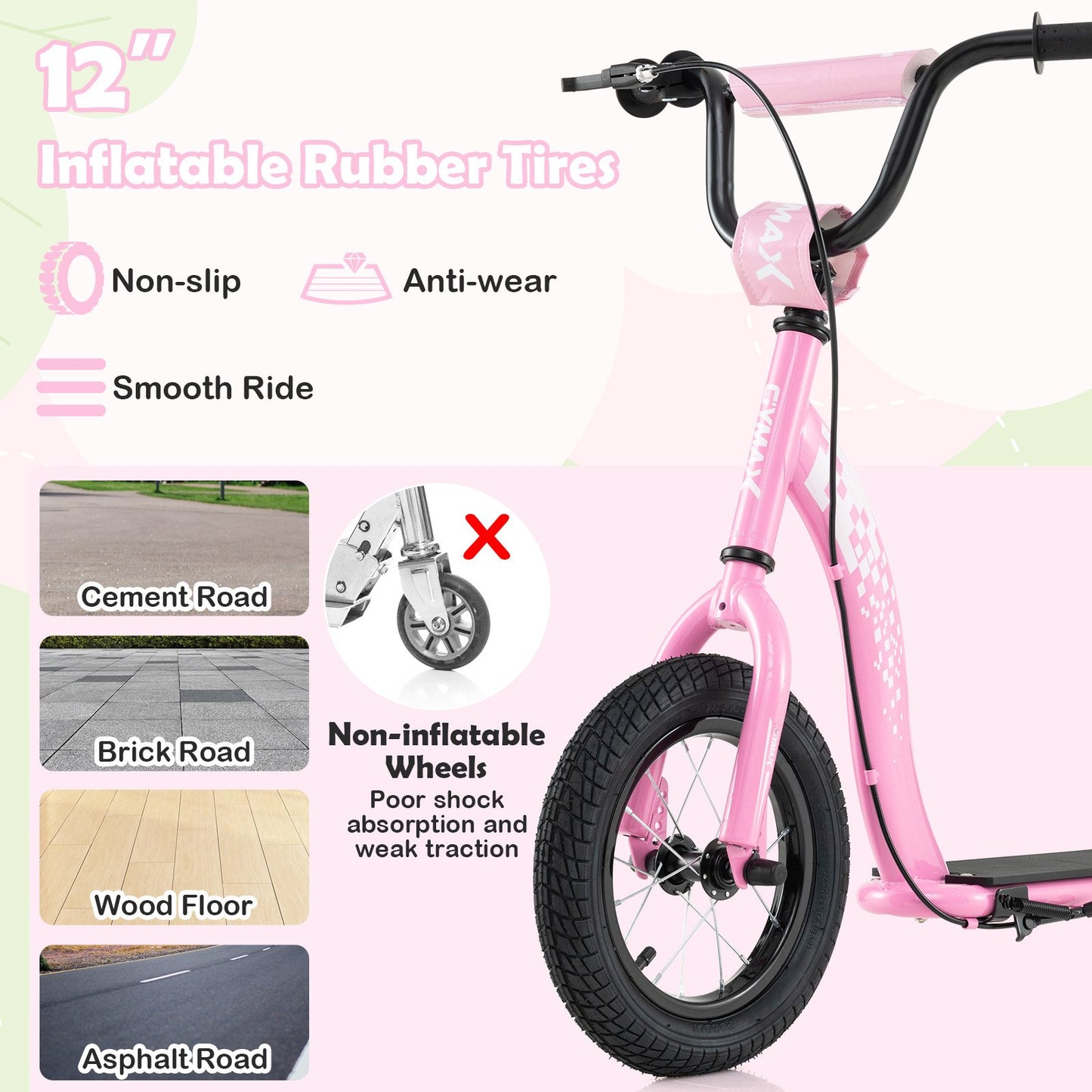 Kids Scooter Youth Kick Scooter with Adjustable Height Handlebar 12-Inch Inflatable Wheels, Pink Scooters at Gallery Canada