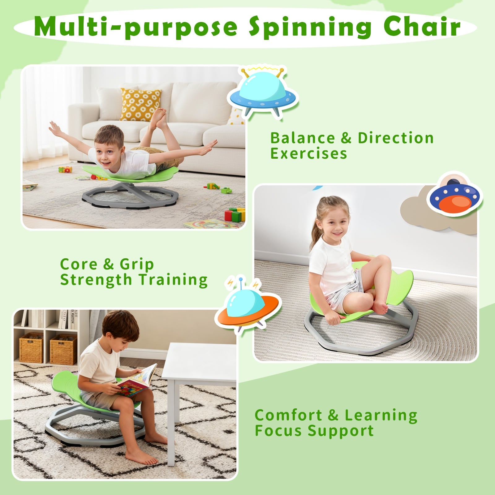 Kids Sensory Swivel Chair Elephant 360° Spinning Chair with Non-Slip Metal Base, Green Kids Chairs & Seating at Gallery Canada
