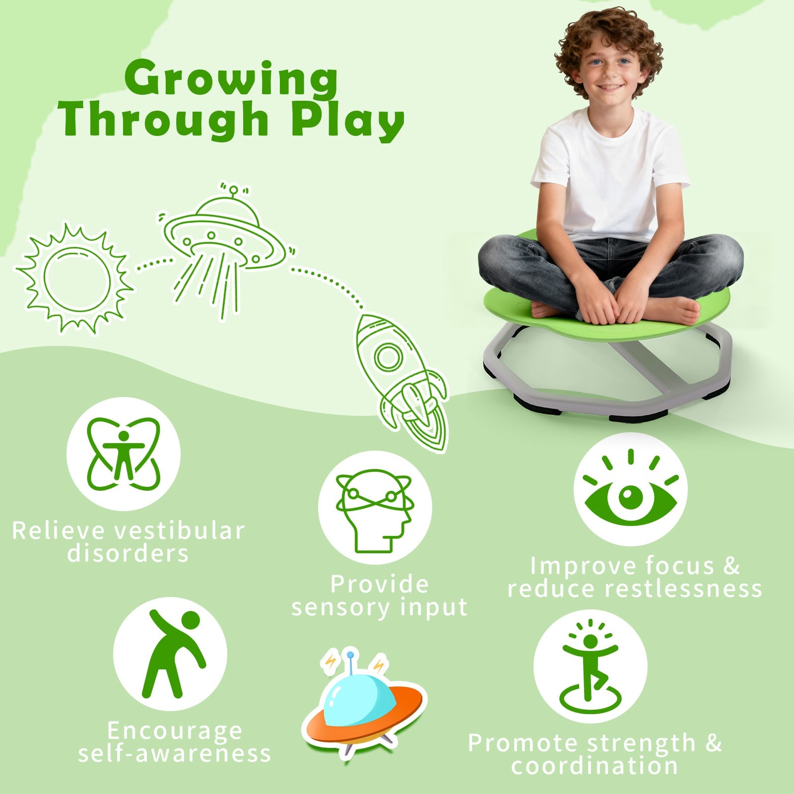 Kids Sensory Swivel Chair Elephant 360° Spinning Chair with Non-Slip Metal Base, Green Kids Chairs & Seating at Gallery Canada