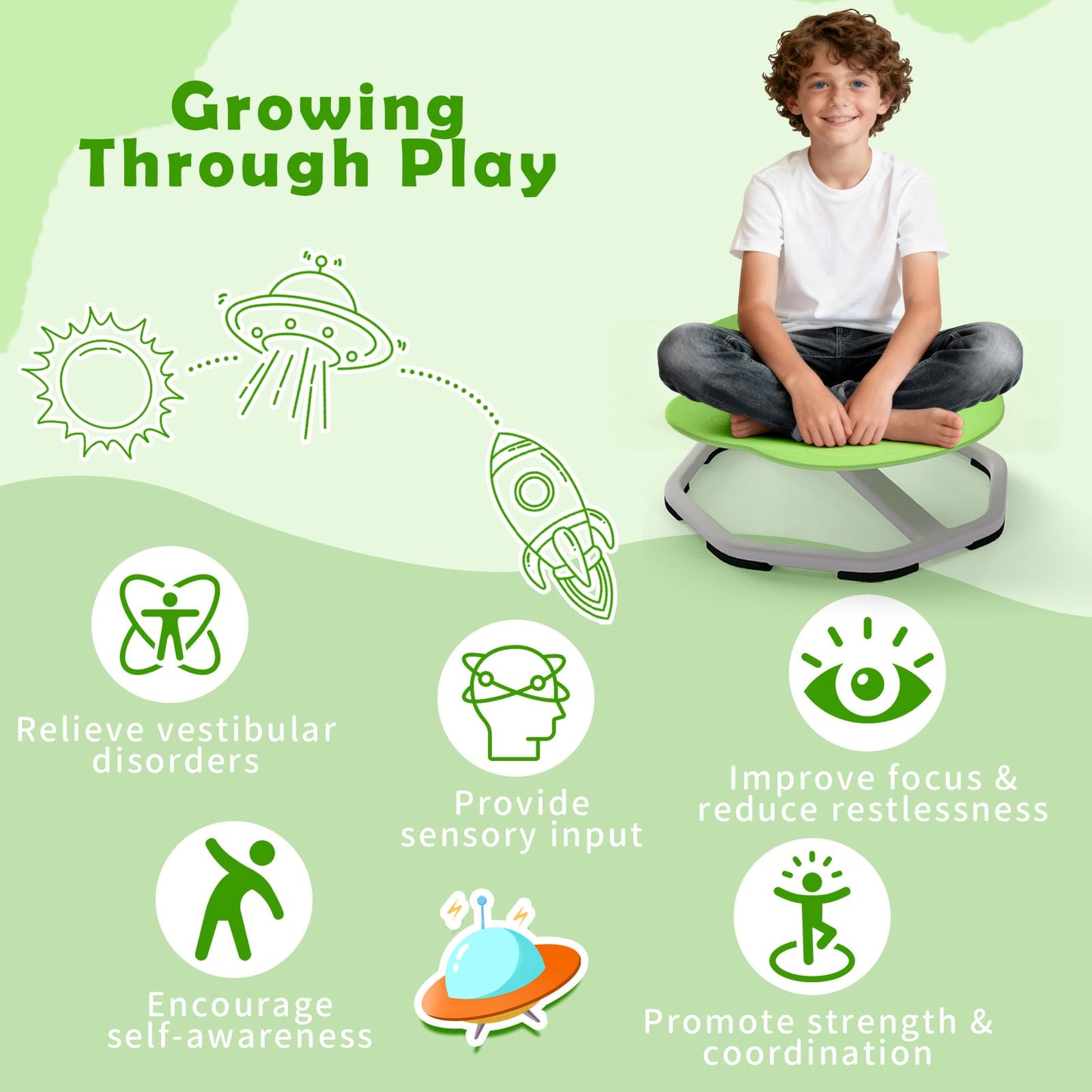 Kids Sensory Swivel Chair Elephant 360° Spinning Chair with Non-Slip Metal Base, Green Kids Chairs & Seating at Gallery Canada