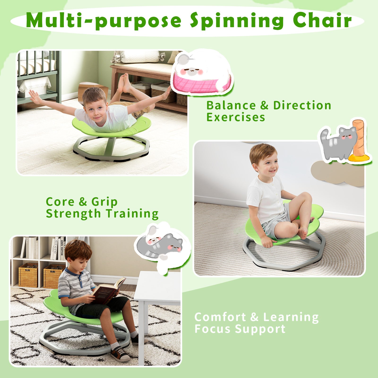 Kids Sensory Swivel Chair Cat Claw 360° Spinning Chair with Non-Slip Metal Base, Green Kids Chairs & Seating at Gallery Canada