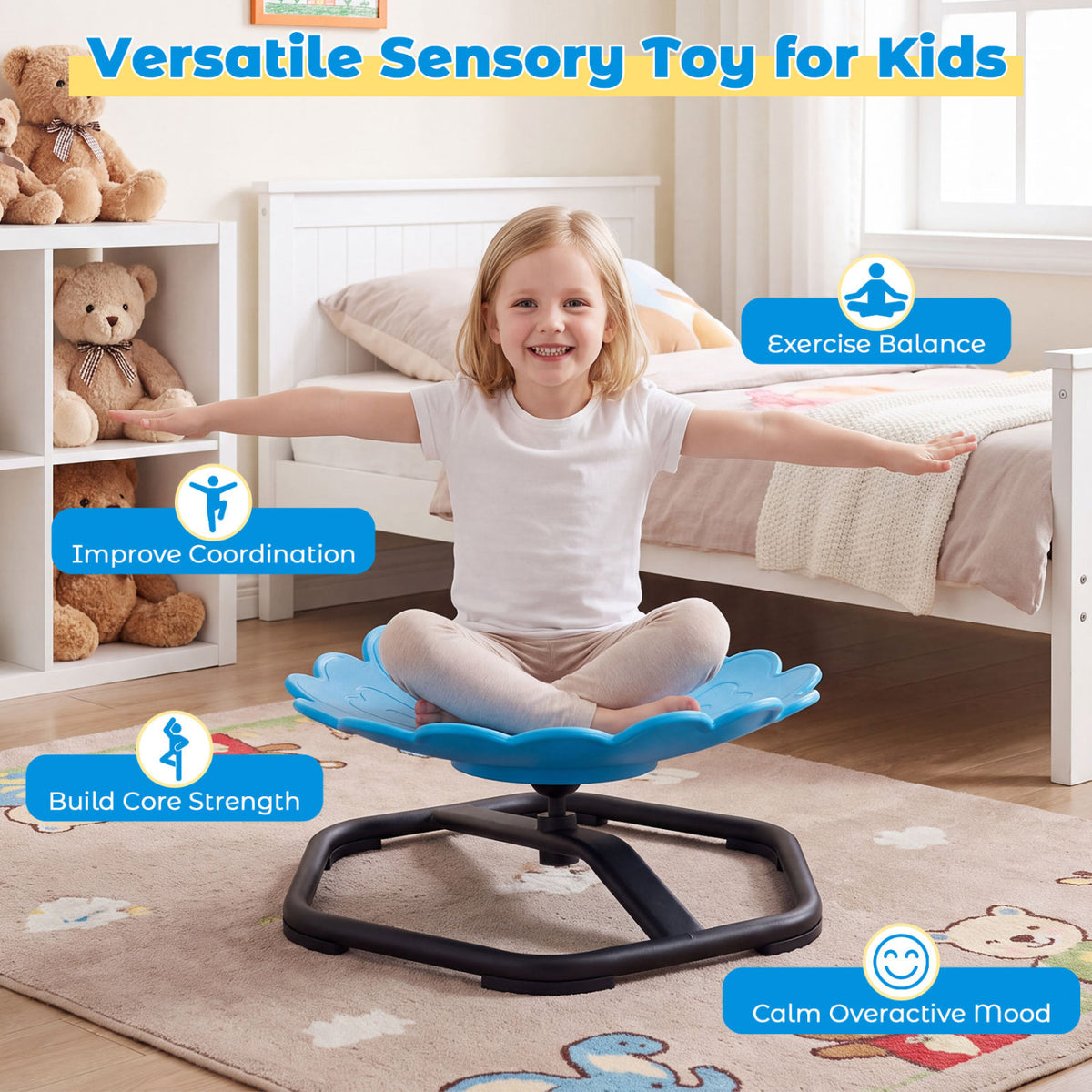Chaise pivotante sensorielle pour enfants, Tournesol 360° rotation, Tout-petits, Bleu