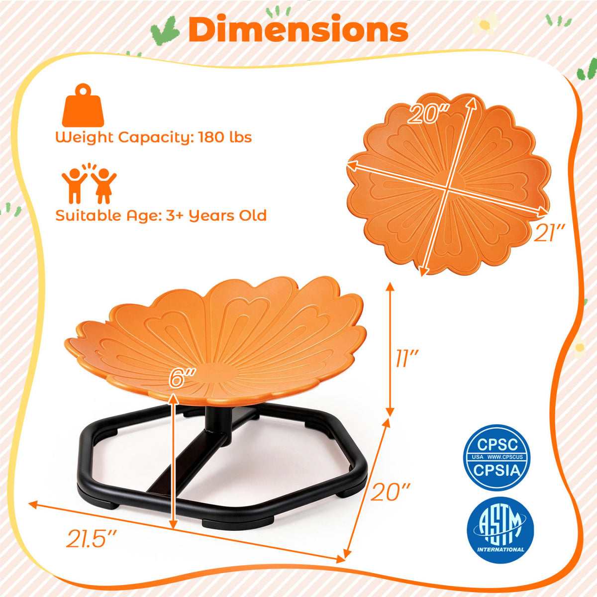Chaise pivotante rotative à 360° en forme de tournesol pour tout-petits, orange