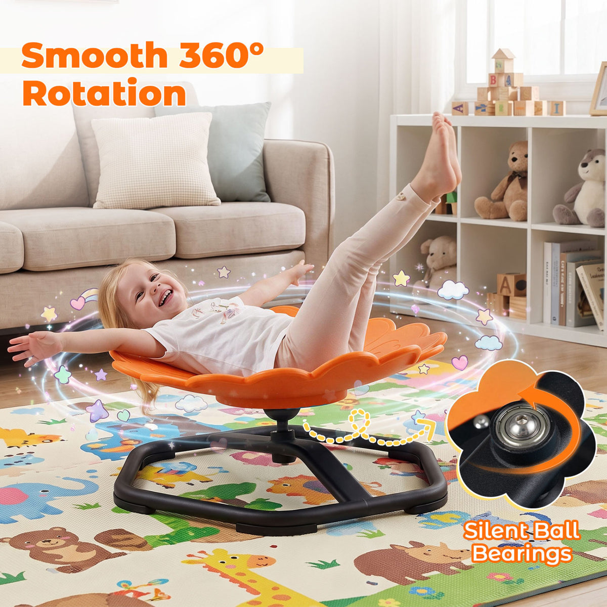 Chaise pivotante rotative à 360° en forme de tournesol pour tout-petits, orange