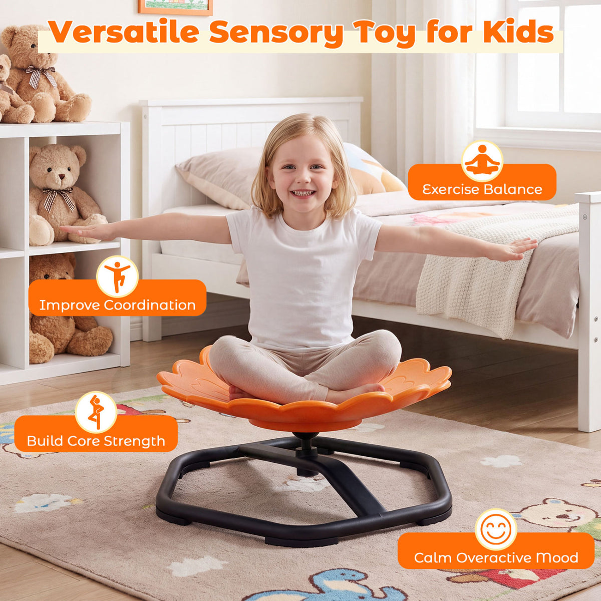 Chaise pivotante rotative à 360° en forme de tournesol pour tout-petits, orange