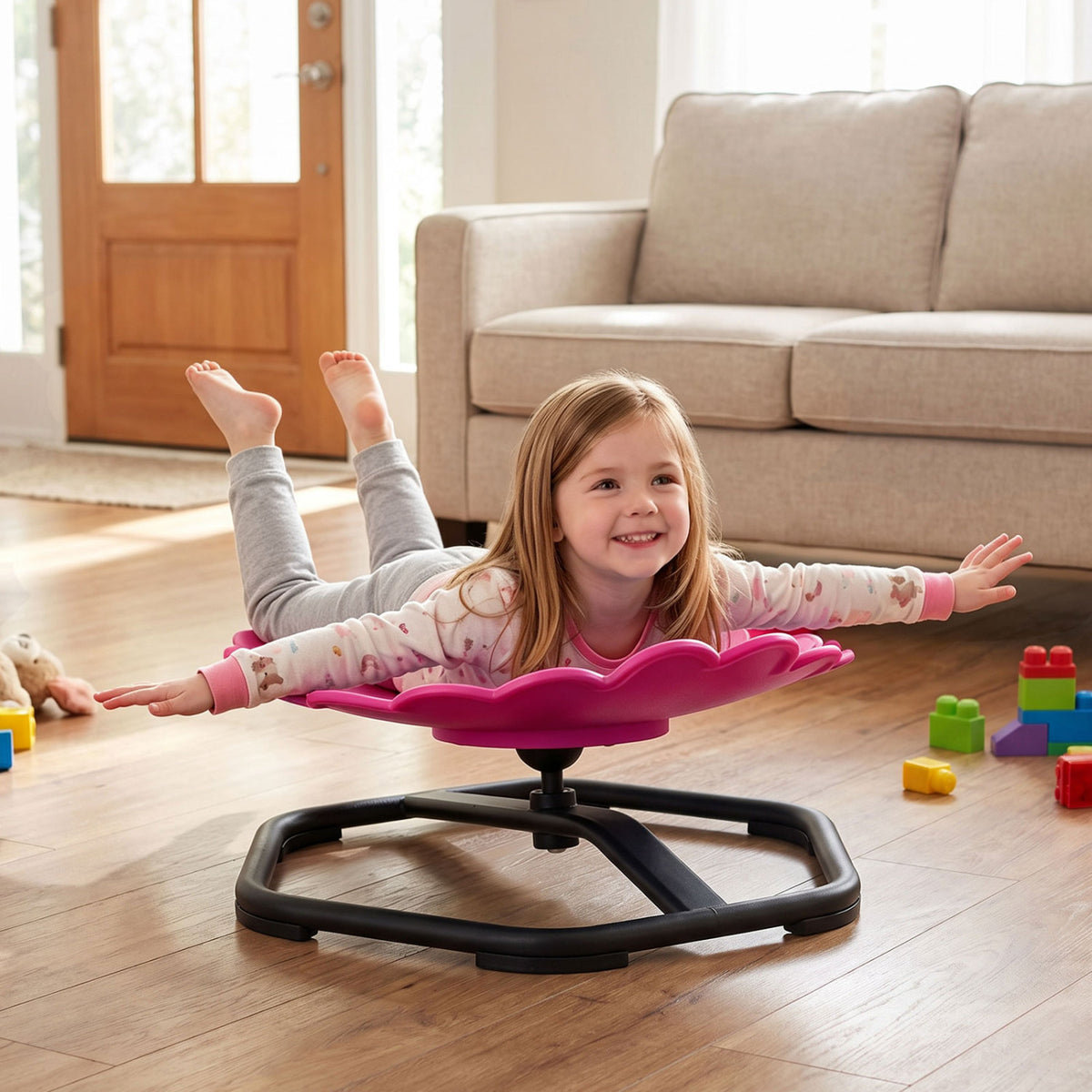 Chaise pivotante sensorielle pour enfants, forme de tournesol, rotation à 360°, rose
