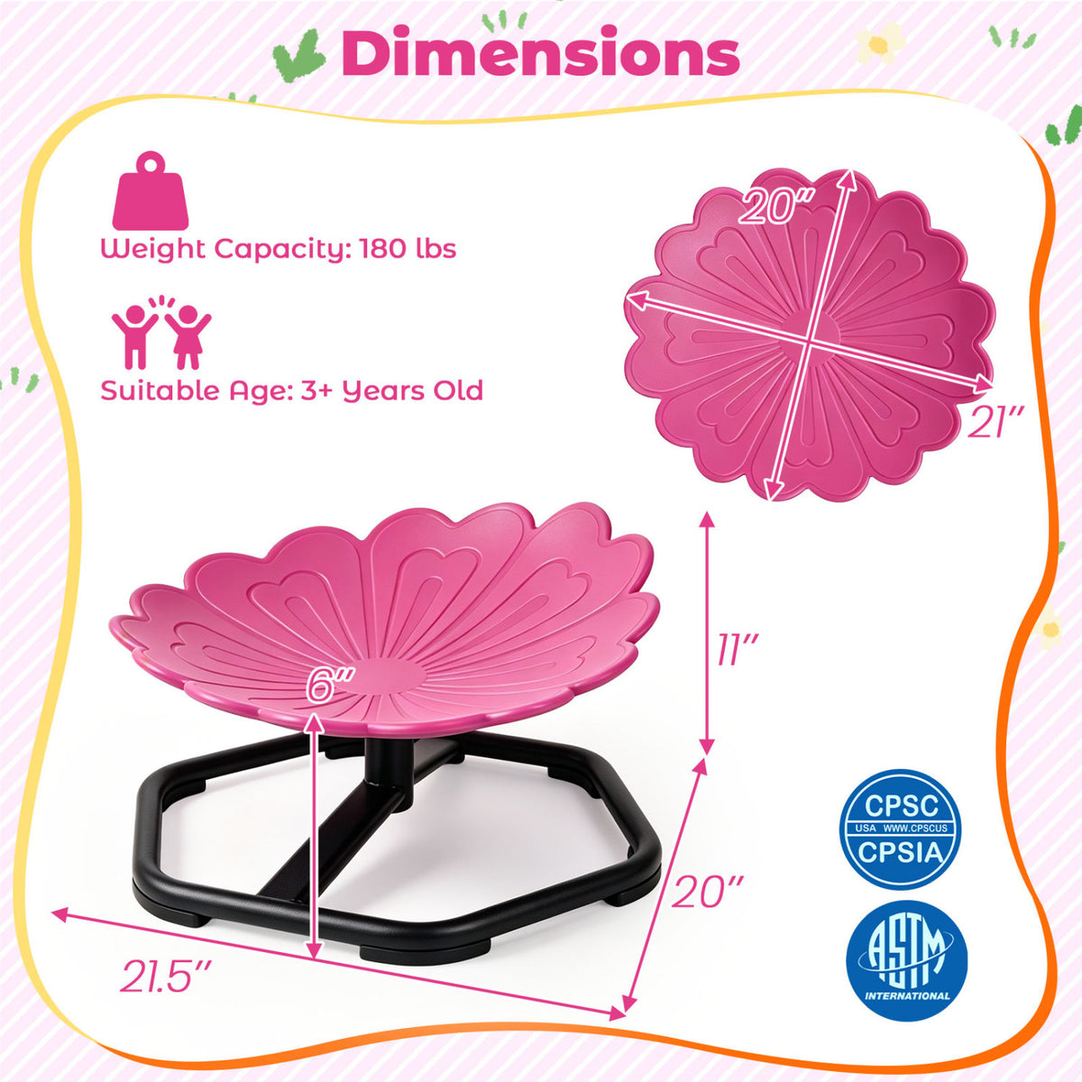 Chaise pivotante sensorielle pour enfants, forme de tournesol, rotation à 360°, rose