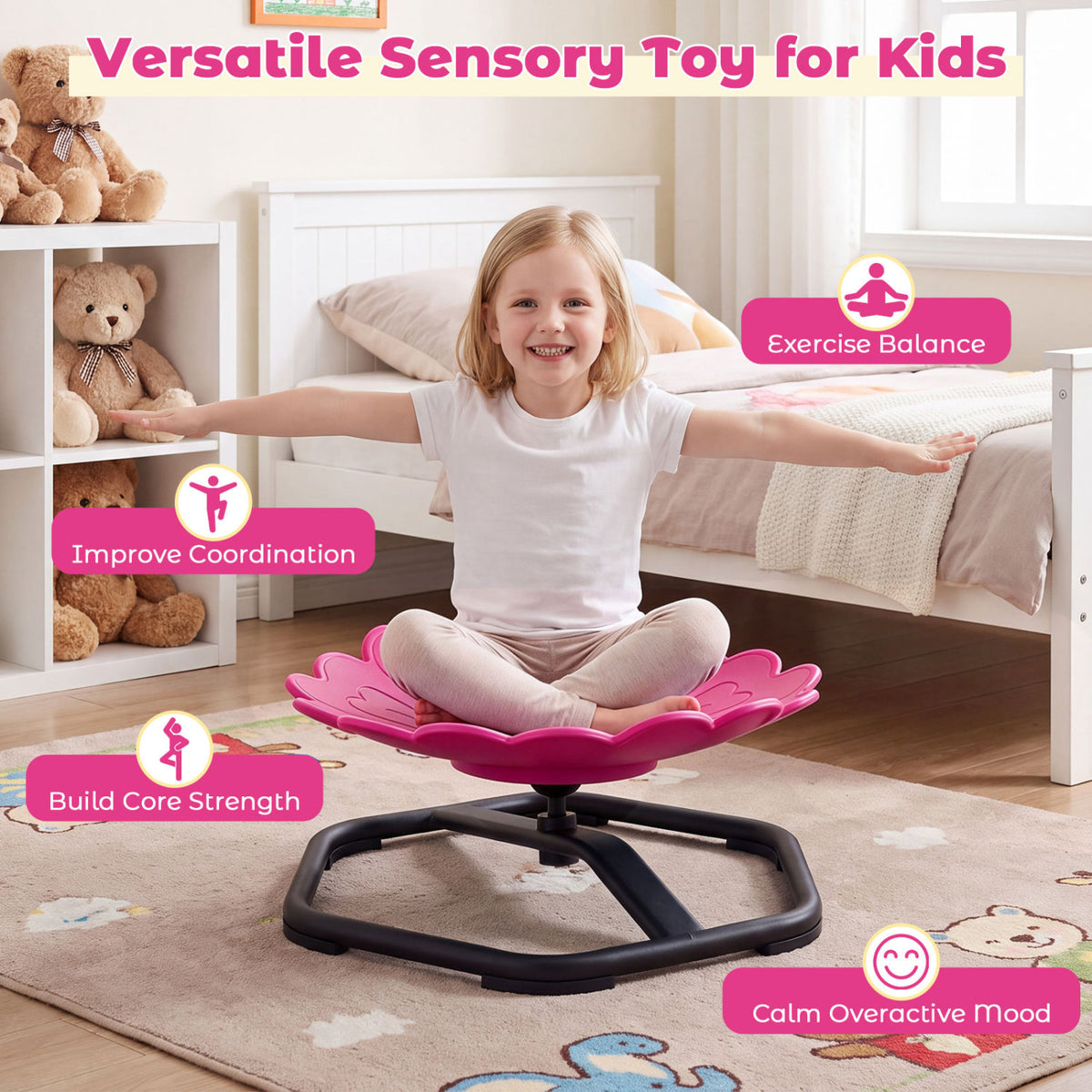 Chaise pivotante sensorielle pour enfants, forme de tournesol, rotation à 360°, rose