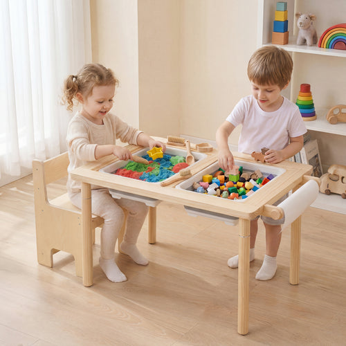 Kid's Sensory Table, Adjustable Height, Storage Bins, Natural