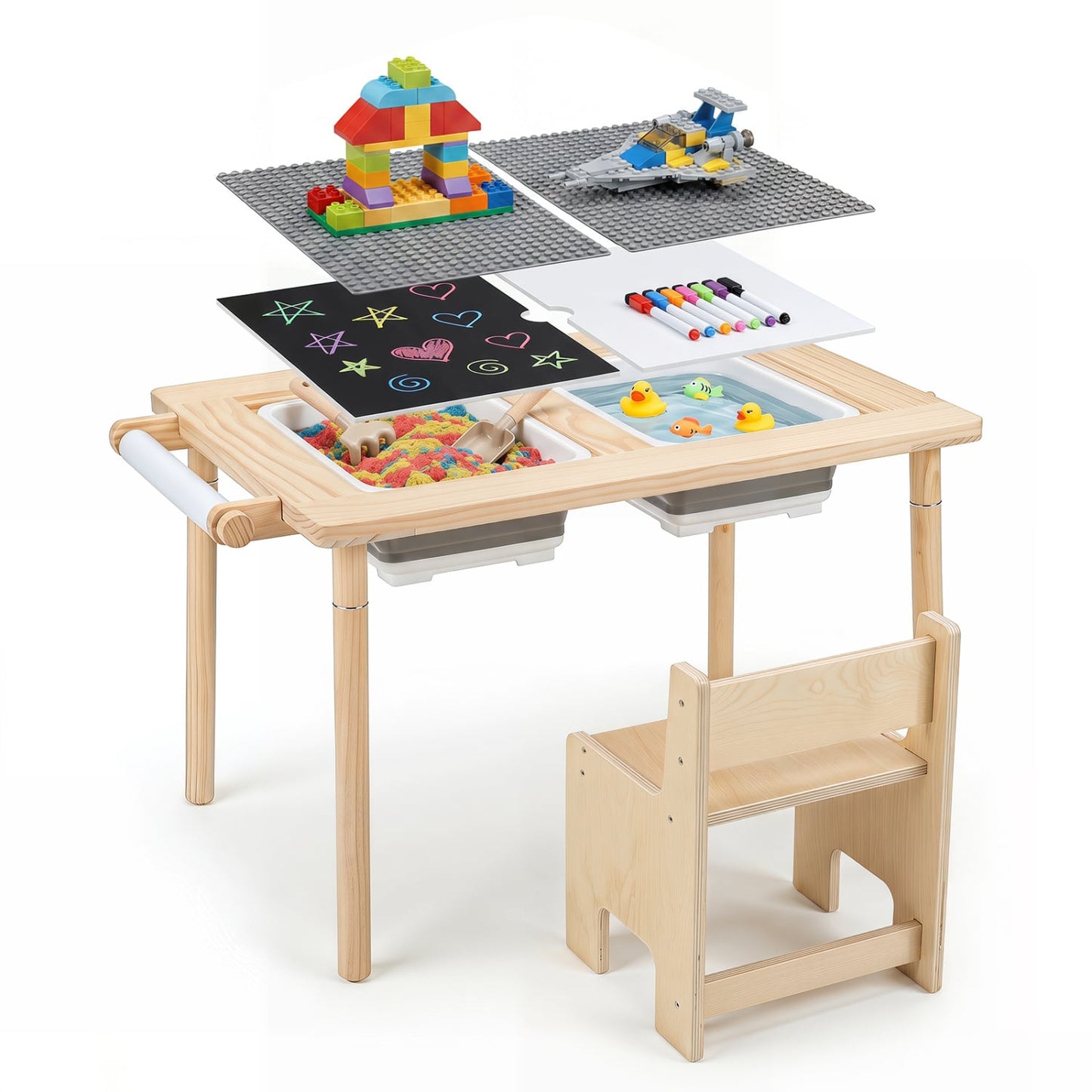 Table sensorielle pour enfants, hauteur réglable, bacs de rangement, naturel