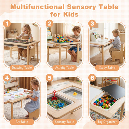 Table sensorielle pour enfants, hauteur réglable, bacs de rangement, naturel