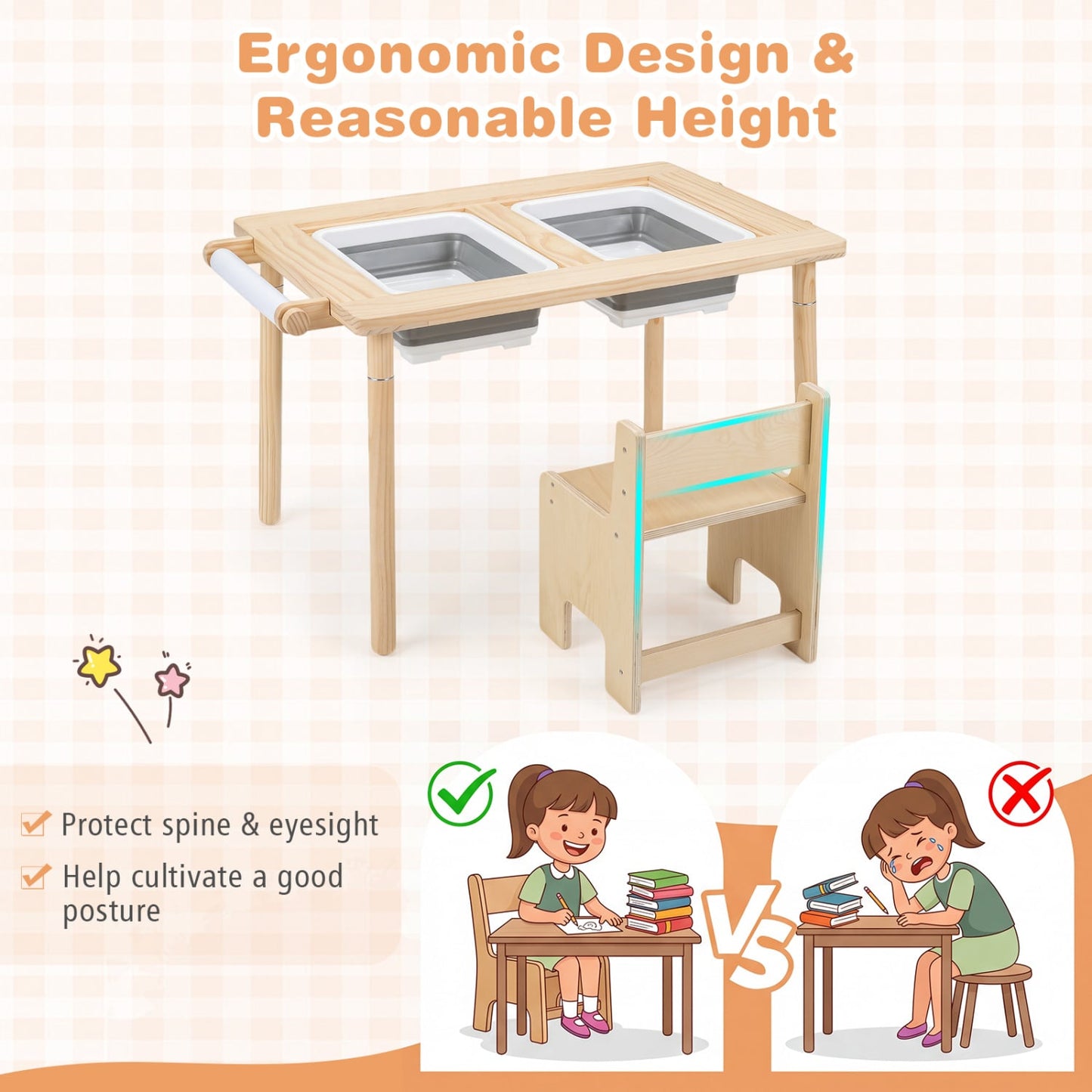 Table sensorielle pour enfants, hauteur réglable, bacs de rangement, naturel
