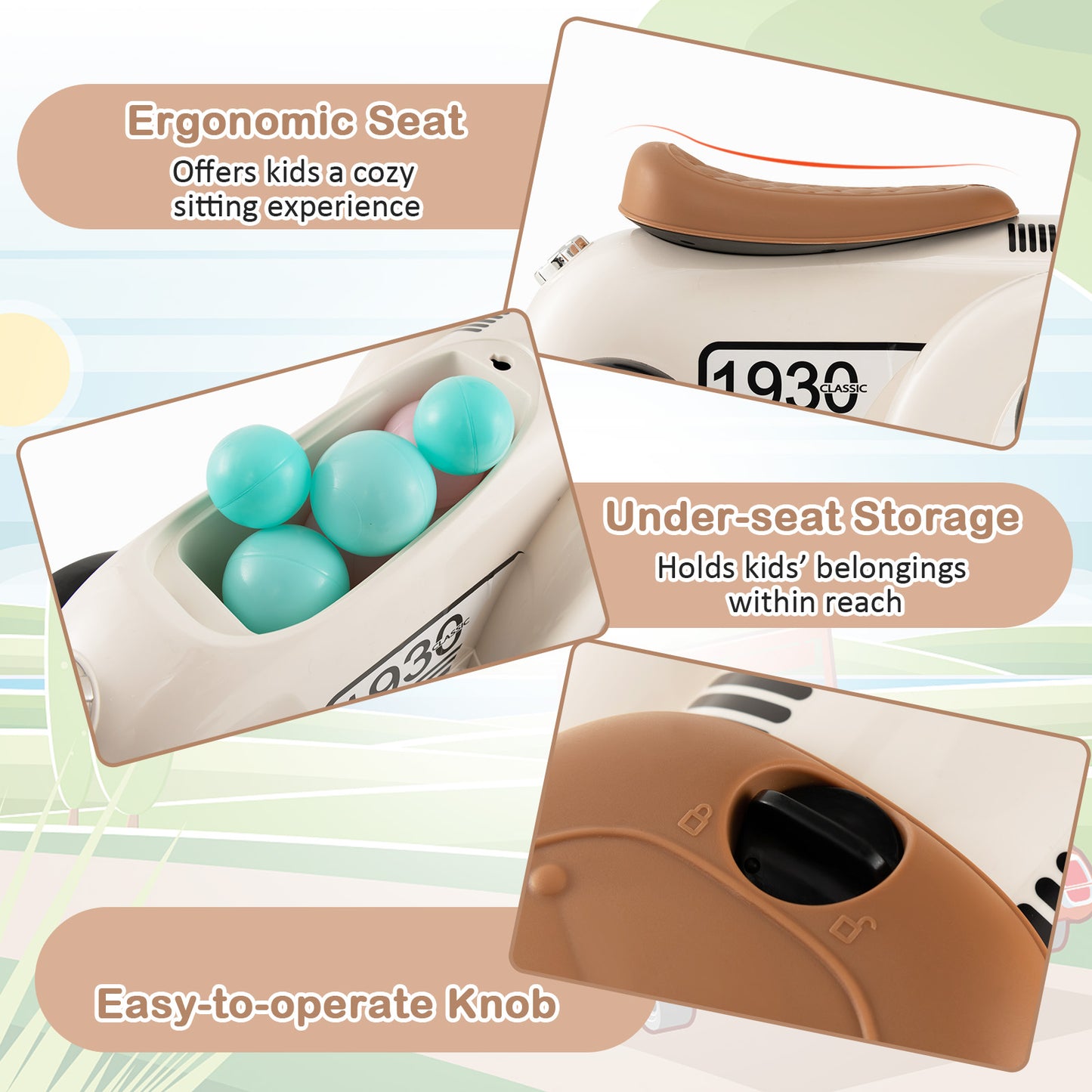 Kids Sit to Stand Vehicle with Working Steering Wheel and Under Seat Storage, White Push & Pedal Ride On Toys at Gallery Canada