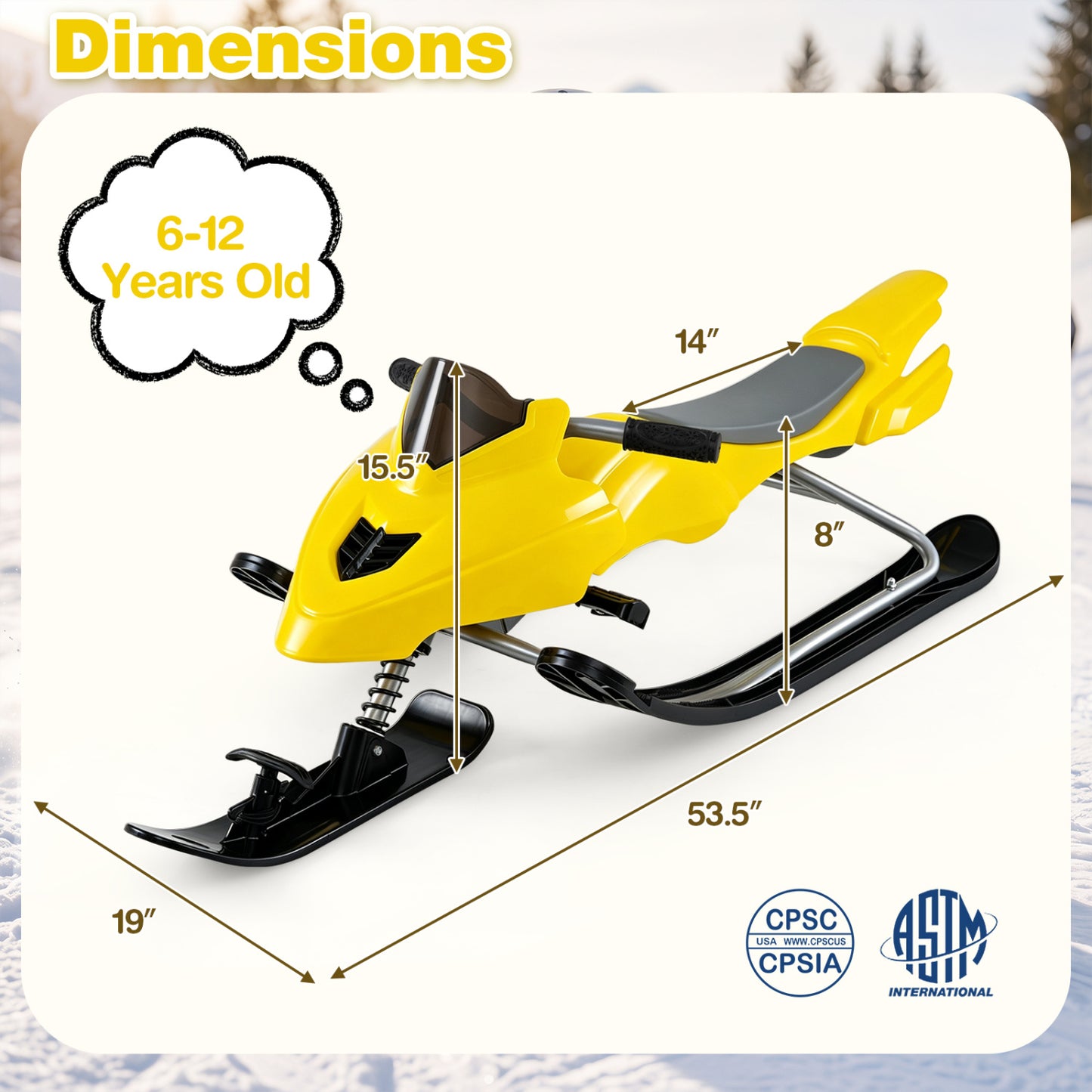 Luge de course pour enfants avec freins, cordes de remorquage, jaune