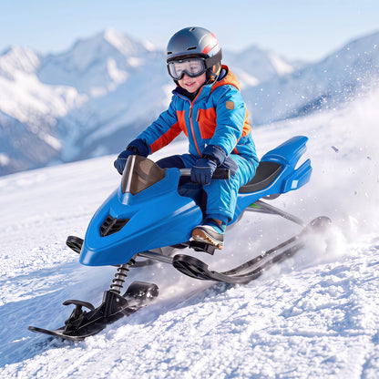 Luge de neige pour enfants avec freins, cordes de remorquage, guidon de direction, bleu