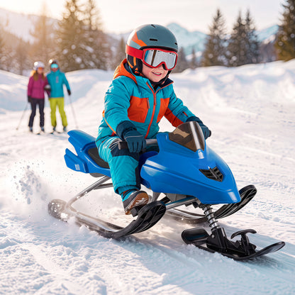 Luge de neige pour enfants avec freins, cordes de remorquage, guidon de direction, bleu