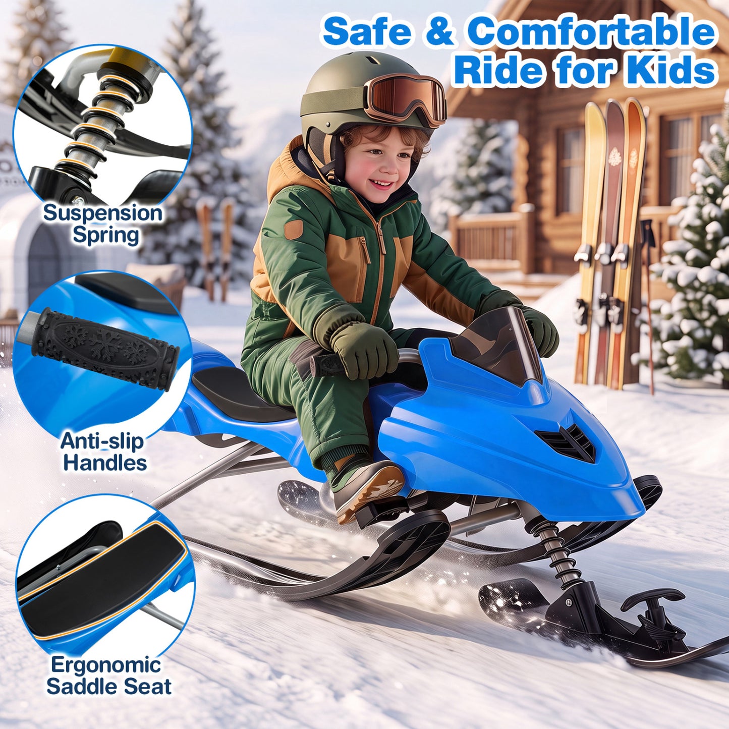 Luge de neige pour enfants avec freins, cordes de remorquage, guidon de direction, bleu