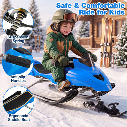 Luge de neige pour enfants avec freins, cordes de remorquage, guidon de direction, bleu