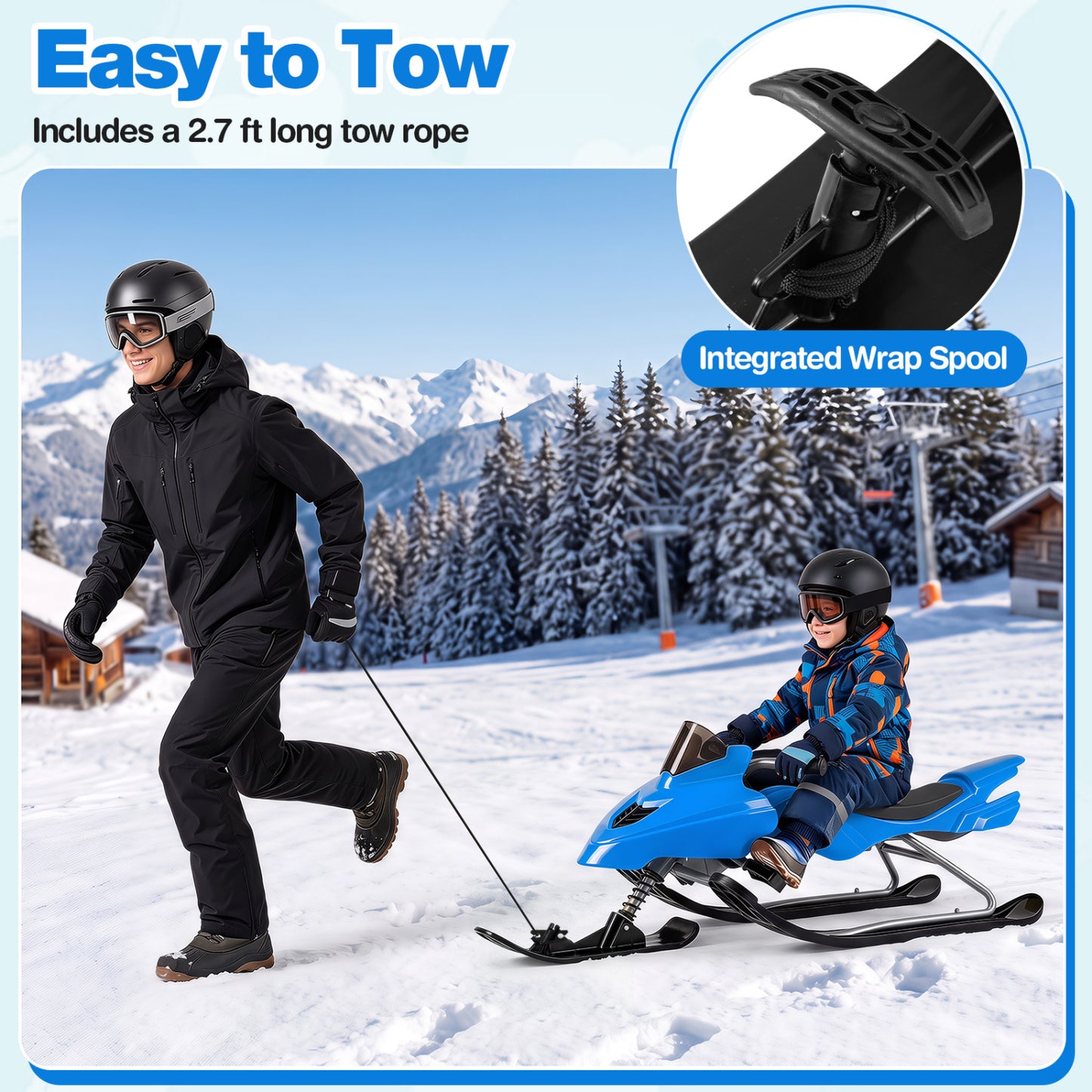 Luge de neige pour enfants avec freins, cordes de remorquage, guidon de direction, bleu