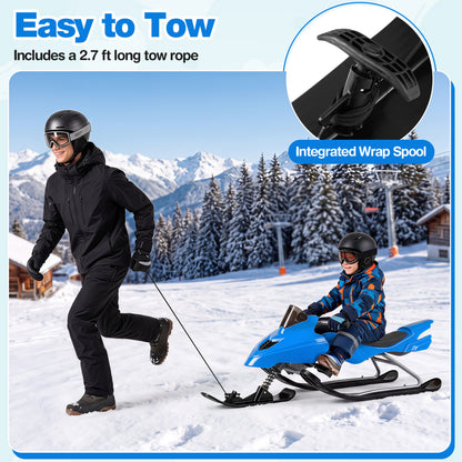 Luge de neige pour enfants avec freins, cordes de remorquage, guidon de direction, bleu
