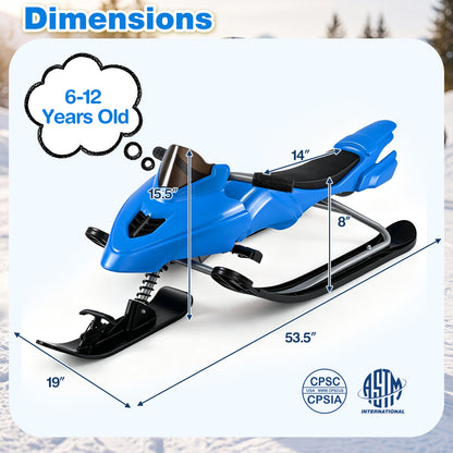 Luge de neige pour enfants avec freins, cordes de remorquage, guidon de direction, bleu
