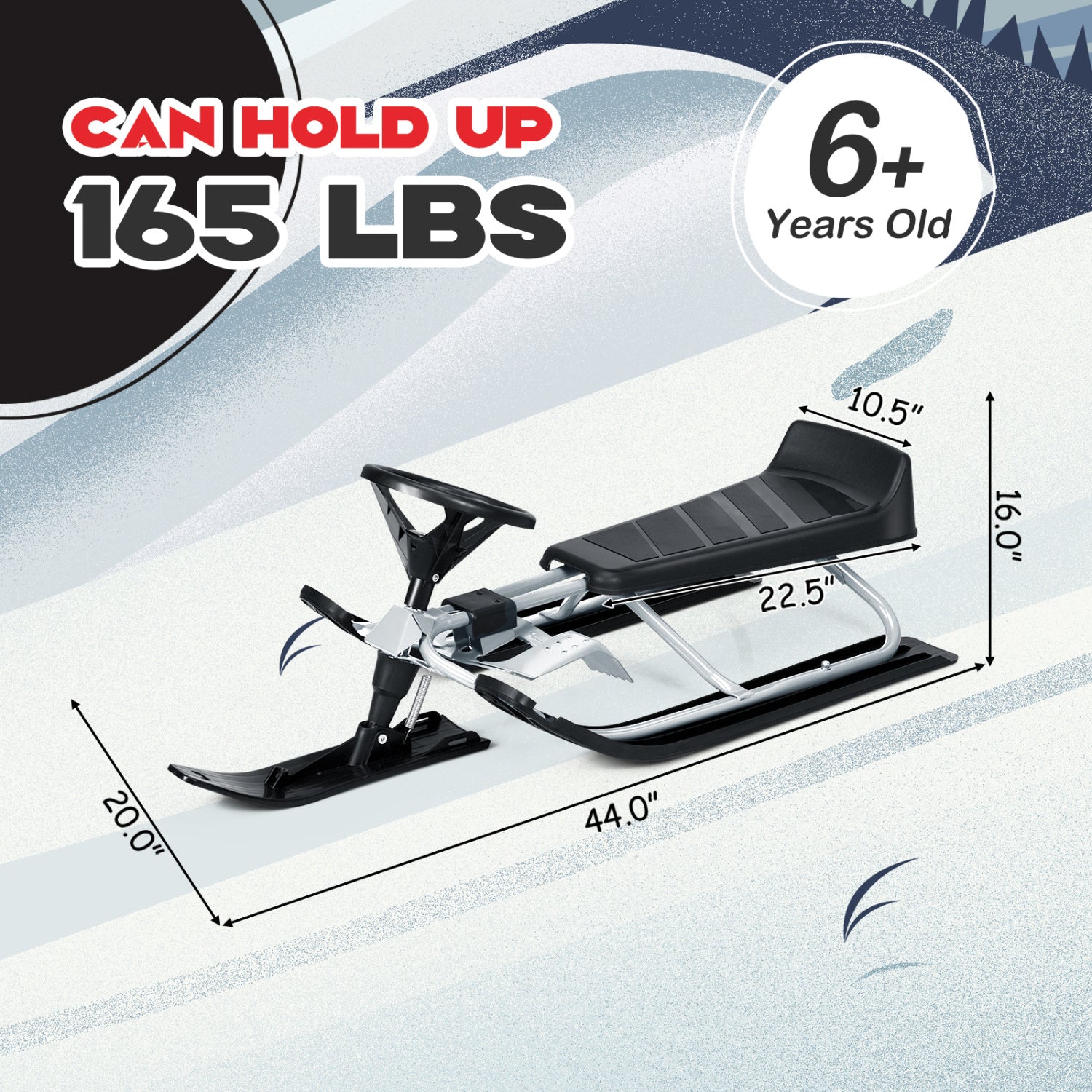 Kids Snow Sled With Steering Wheel, Double Brakes, Pull Rope, Black Winter Sports & Activities at Gallery Canada