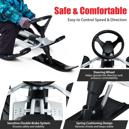 Kids Snow Sled With Steering Wheel, Double Brakes, Pull Rope, Black Winter Sports & Activities at Gallery Canada