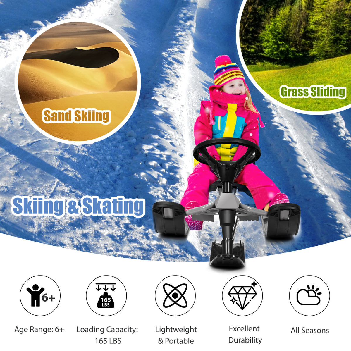 Kids Snow Sled With Steering Wheel, Double Brakes, Pull Rope, Black Winter Sports & Activities at Gallery Canada