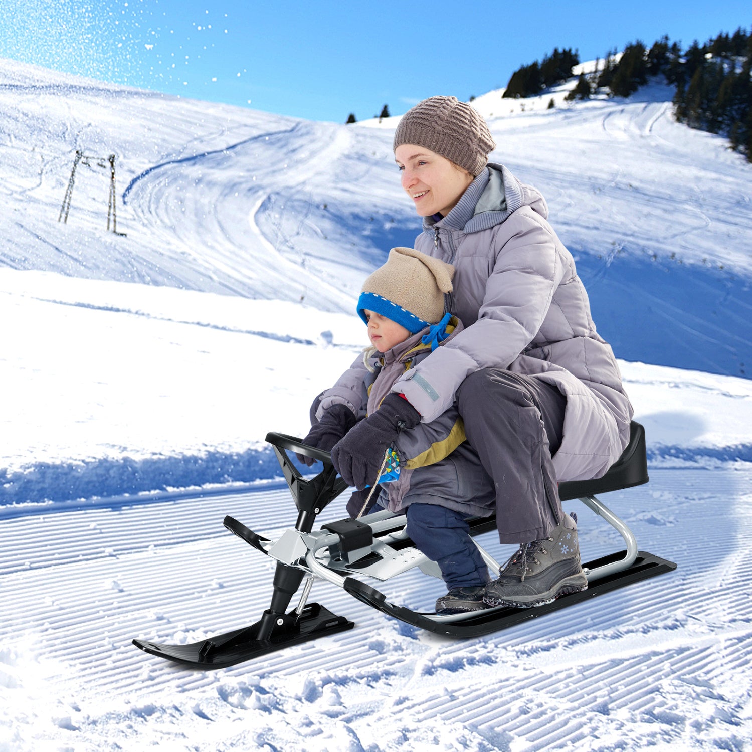 Kids Snow Sled With Steering Wheel, Double Brakes, Pull Rope, Black Winter Sports & Activities at Gallery Canada