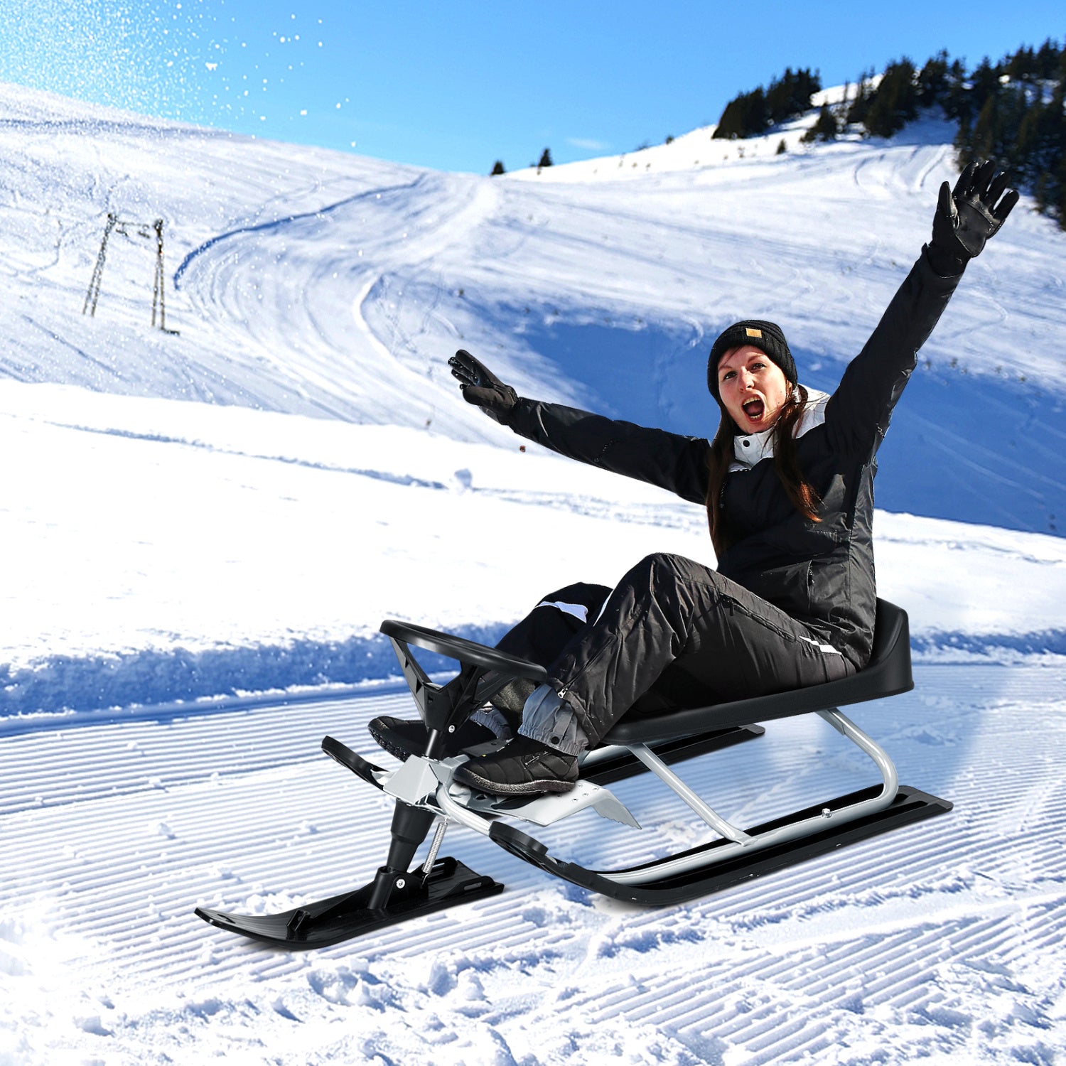 Kids Snow Sled With Steering Wheel, Double Brakes, Pull Rope, Black Winter Sports & Activities at Gallery Canada