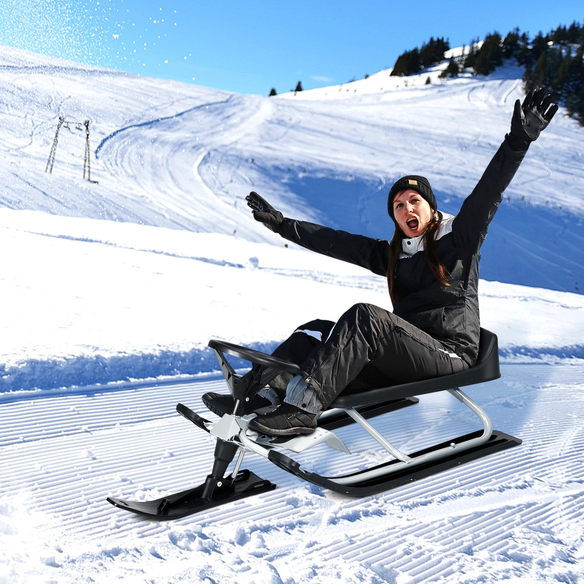 Kids Snow Sled With Steering Wheel, Double Brakes, Pull Rope, Black Winter Sports & Activities at Gallery Canada