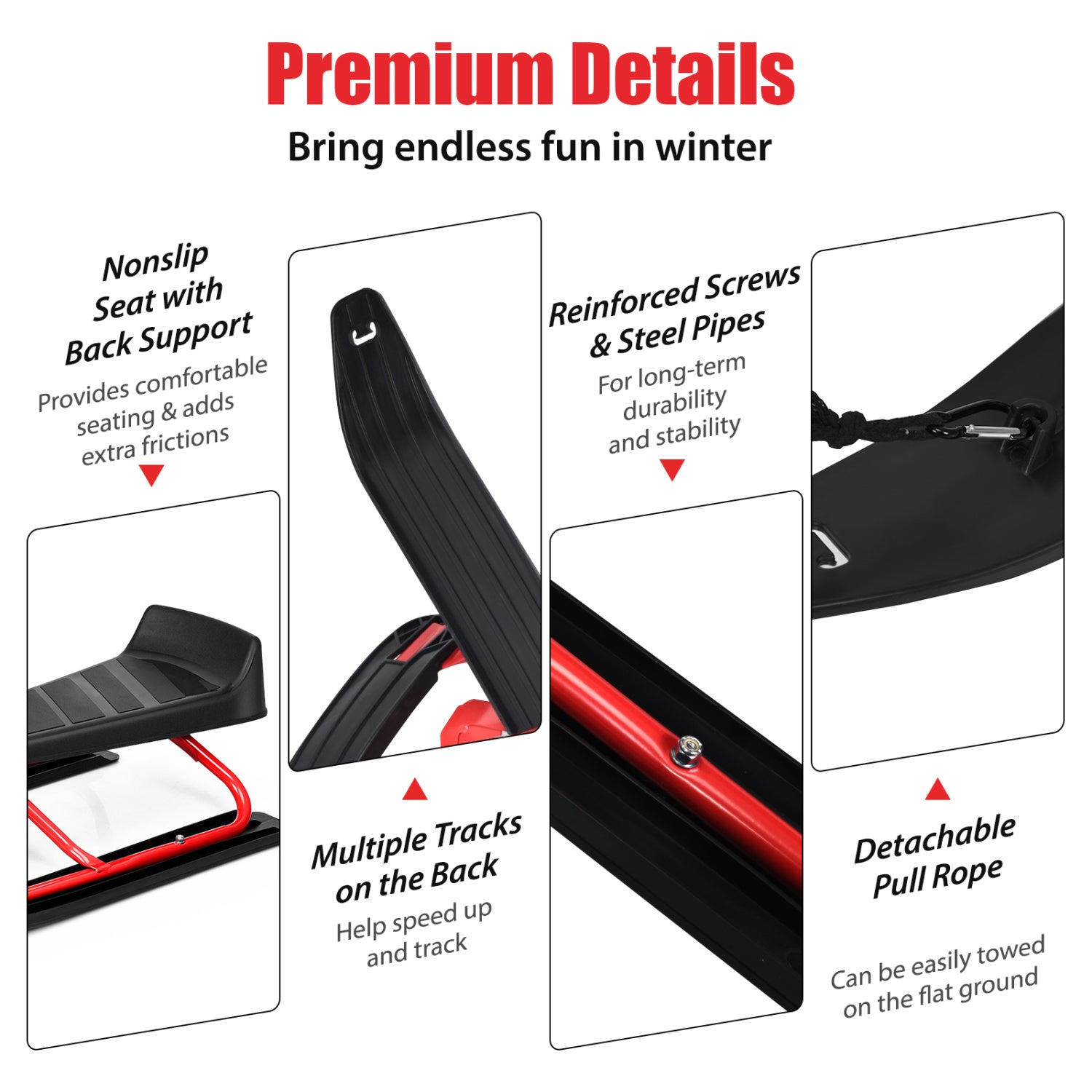 Kids Snow Sled With Steering Wheel, Double Brakes, Pull Rope, Red Winter Sports & Activities at Gallery Canada