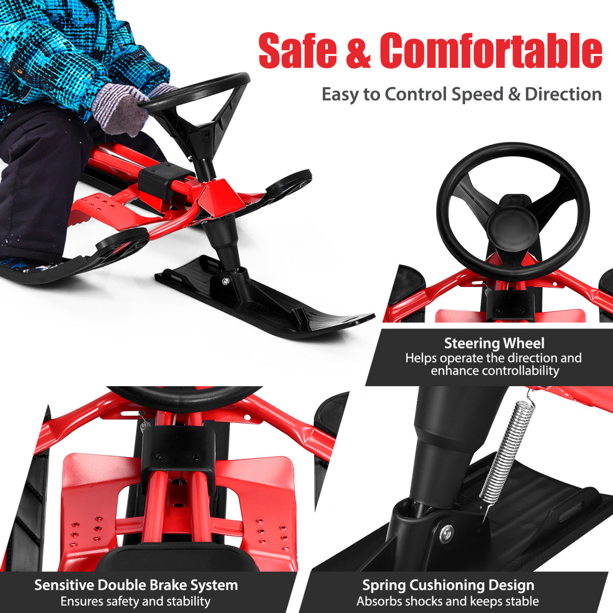 Kids Snow Sled With Steering Wheel, Double Brakes, Pull Rope, Red Winter Sports & Activities at Gallery Canada