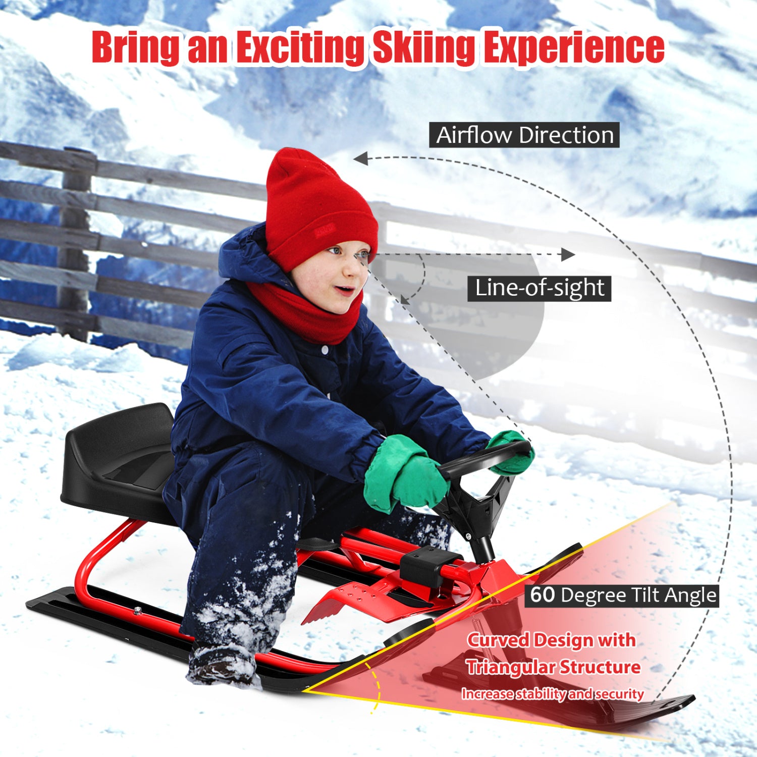 Kids Snow Sled With Steering Wheel, Double Brakes, Pull Rope, Red Winter Sports & Activities at Gallery Canada
