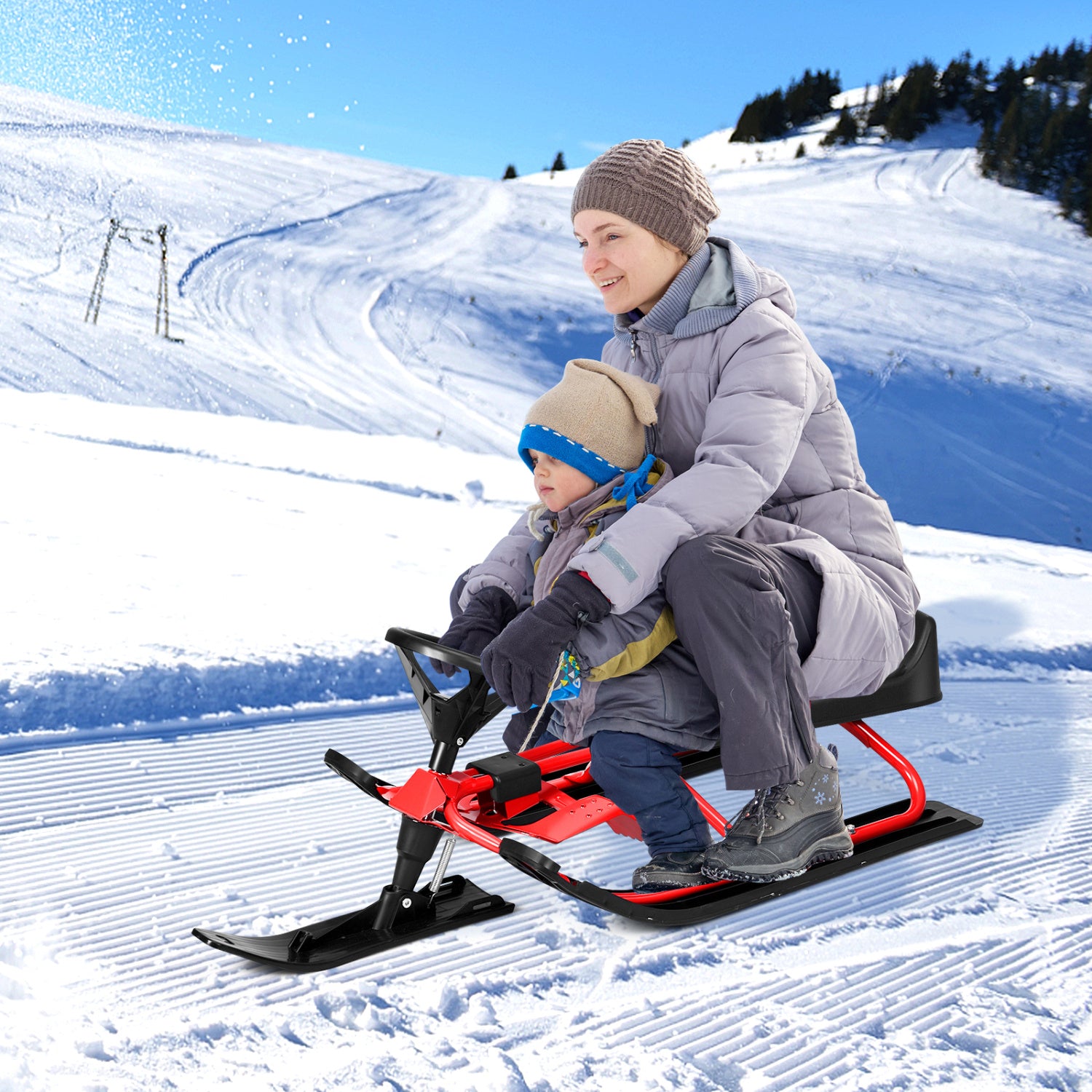 Kids Snow Sled With Steering Wheel, Double Brakes, Pull Rope, Red Winter Sports & Activities at Gallery Canada