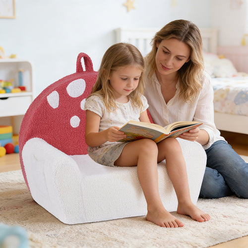 Kids Sofa Toddler Foam Couch, Soft Fleece Fabric Cover, Red, Beige