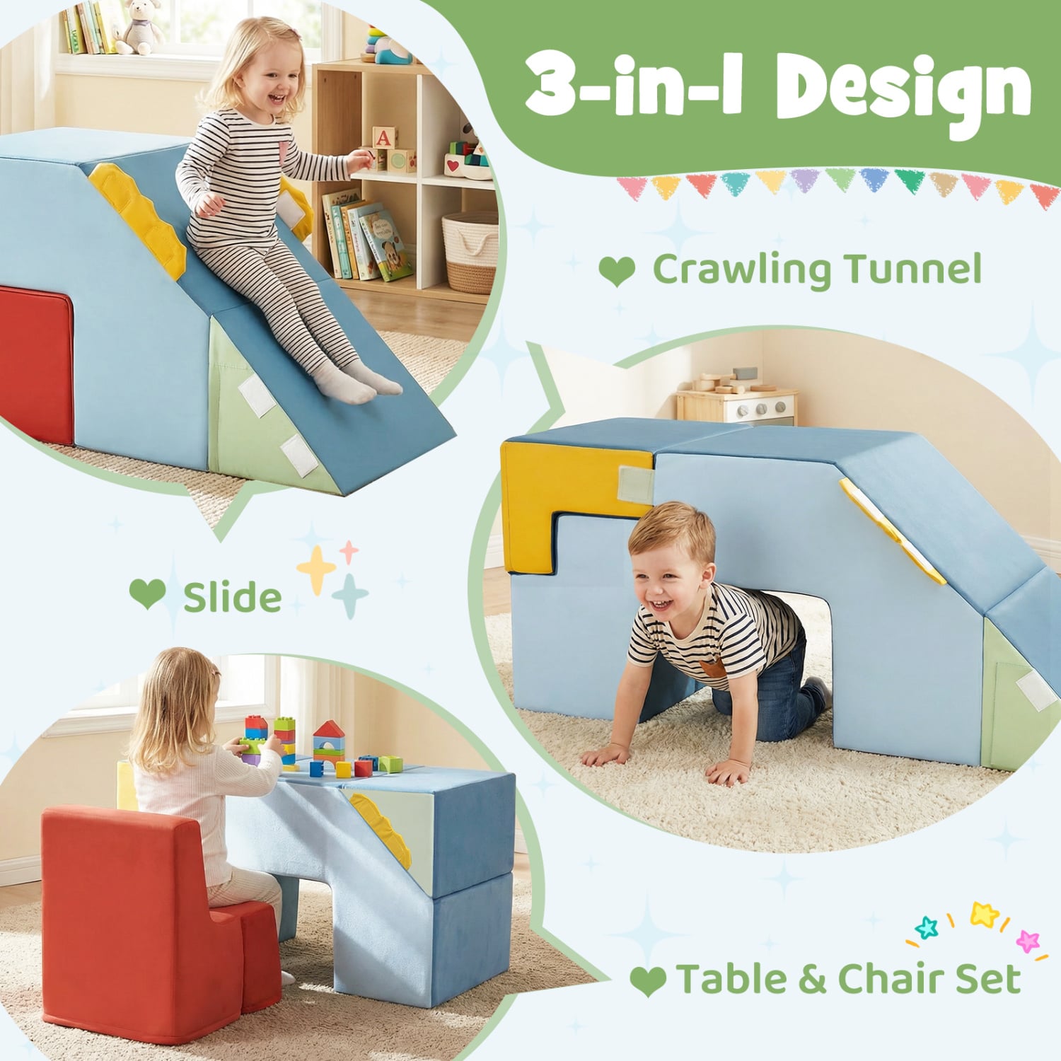 Kids Soft Foam Blocks, Velvet Covers, Convertible Table Chair Set, Blue Climbers & Slides at Gallery Canada