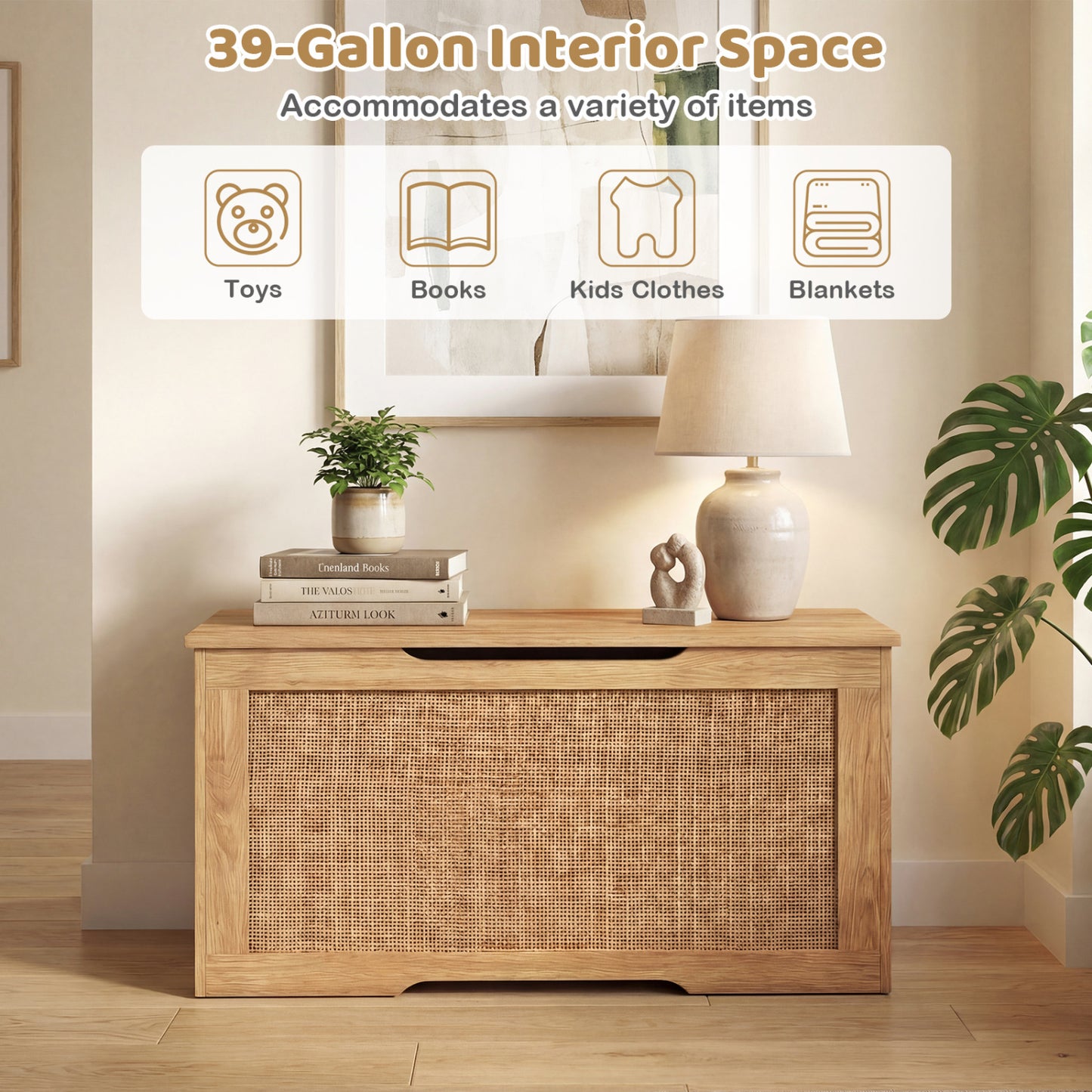 Kids Storage Bench, 40 Inch Toy Box, Flip Top, Handles, Natural Kids Storage at Gallery Canada