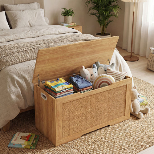 Kids Storage Bench, 40 Inch Toy Box, Flip Top, Handles, Natural