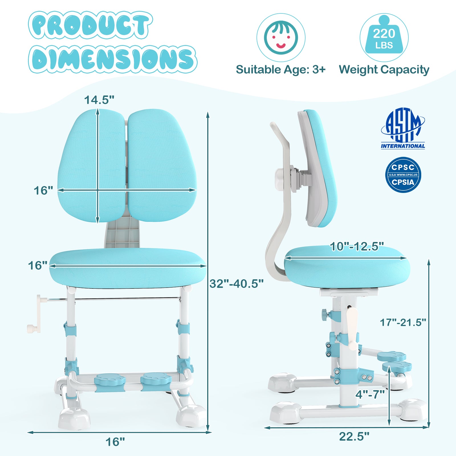 Kids Study Chair with Adjustable Double Backrest and Footrest, Blue Kids Chairs & Seating at Gallery Canada