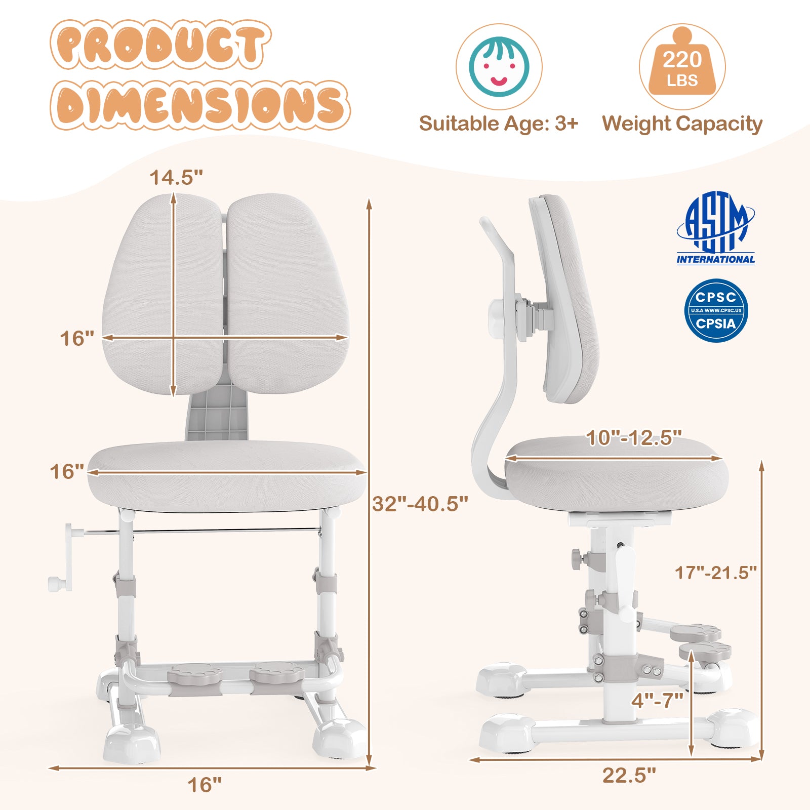 Kids Study Chair with Adjustable Double Backrest and Footrest, Gray Kids Chairs & Seating at Gallery Canada
