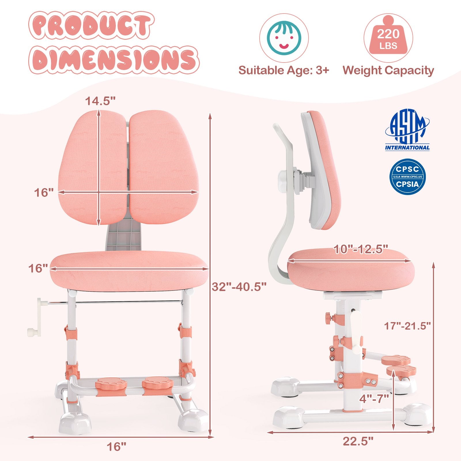 Kids Study Chair with Adjustable Double Backrest and Footrest, Pink Kids Chairs & Seating at Gallery Canada