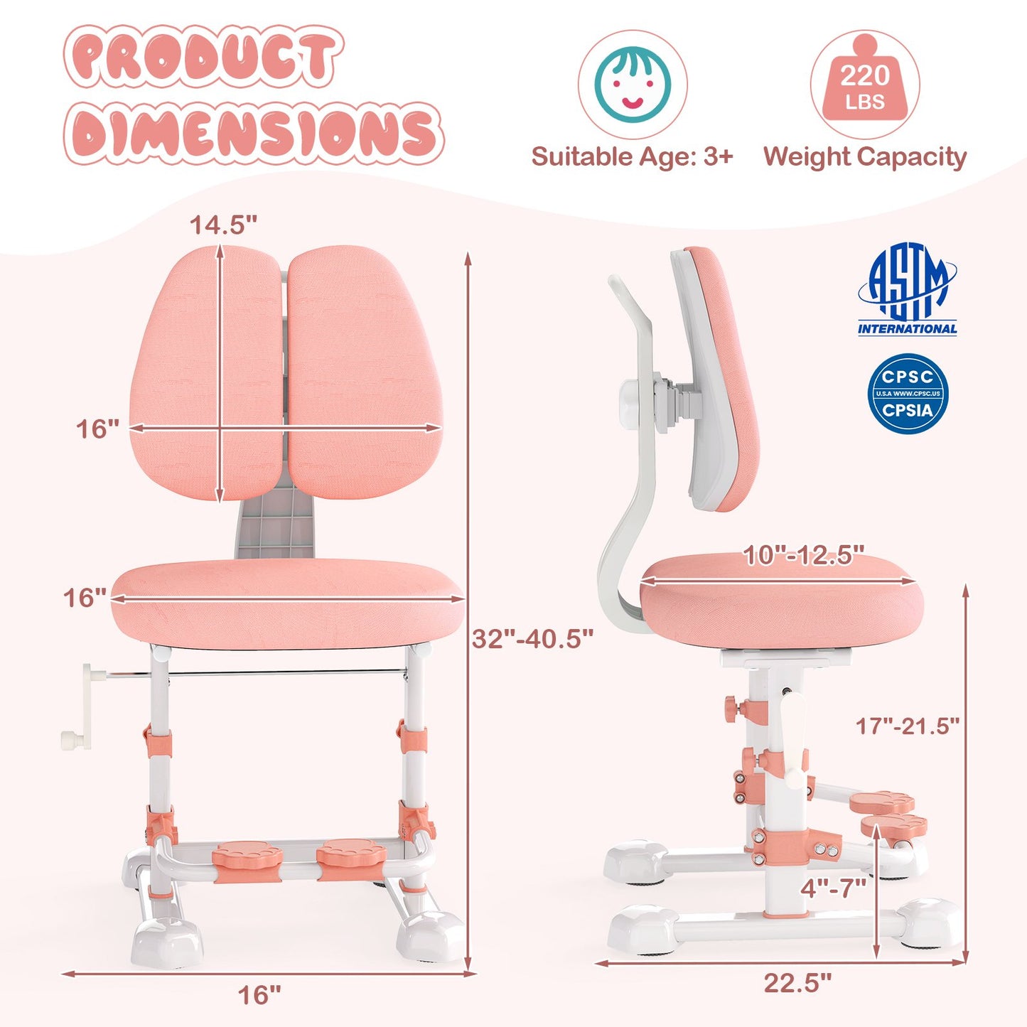 Kids Study Chair with Adjustable Double Backrest and Footrest, Pink Kids Chairs & Seating at Gallery Canada