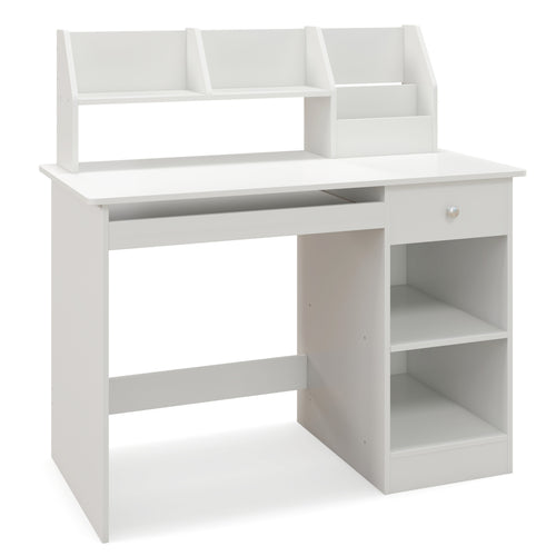 Kids Study Desk With Hutch, Drawer, Shelves, Keyboard Tray, White