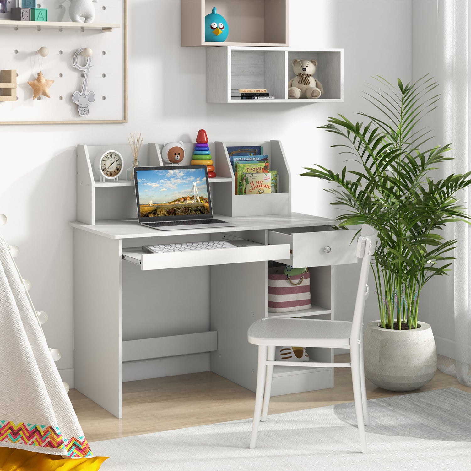 Kids Study Desk With Hutch, Drawer, Shelves, Keyboard Tray, White Kids Table & Chair Sets at Gallery Canada