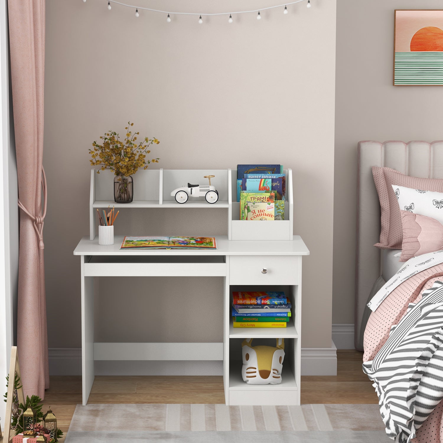 Kids Study Desk With Hutch, Drawer, Shelves, Keyboard Tray, White Kids Table & Chair Sets at Gallery Canada