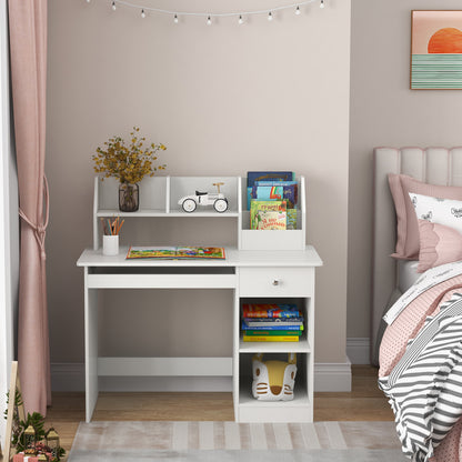 Kids Study Desk With Hutch, Drawer, Shelves, Keyboard Tray, White Kids Table & Chair Sets at Gallery Canada