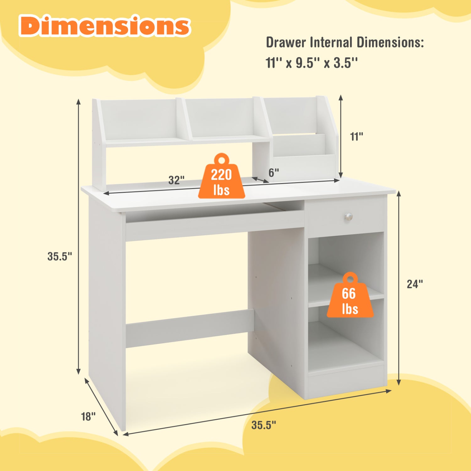 Kids Study Desk With Hutch, Drawer, Shelves, Keyboard Tray, White Kids Table & Chair Sets at Gallery Canada
