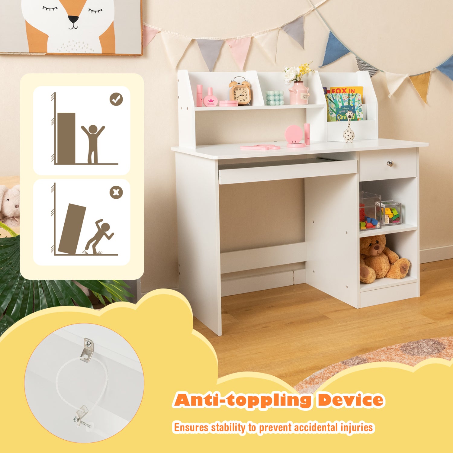 Kids Study Desk With Hutch, Drawer, Shelves, Keyboard Tray, White Kids Table & Chair Sets at Gallery Canada